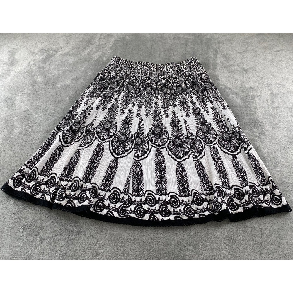 RQT Petite Womens Black White Damask Crinkle A-Line Skirt Lace Trim Size PL